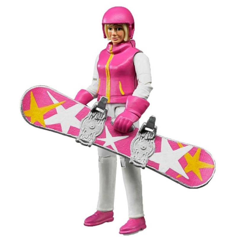 Woman on snowboard with accessories