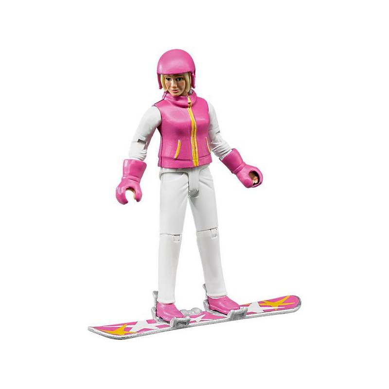 Woman on snowboard with accessories