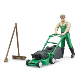 Gardener with mower and accessories