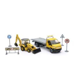 IVECO DAILY flatbed with NEW HOLLAND B110C backhoe loader and accessories