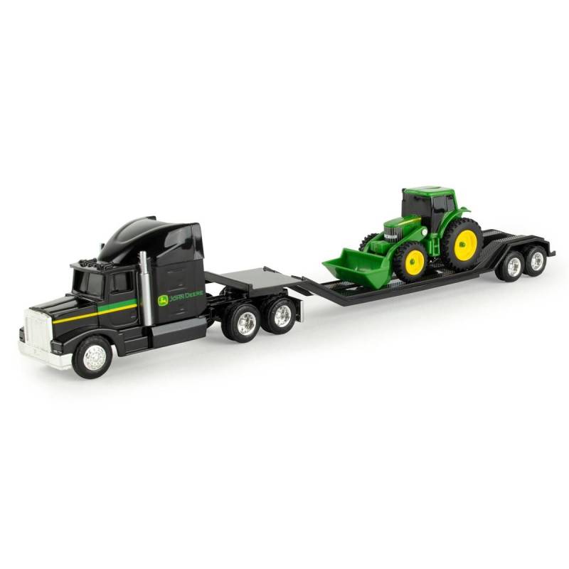 Black 6x4 truck with equipment carrier and JOHN DEERE tractor Die cast 