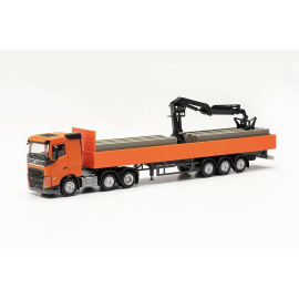 VOLVO FH FD 6x2 with 3-axle platform and orange unloading crane Die cast 