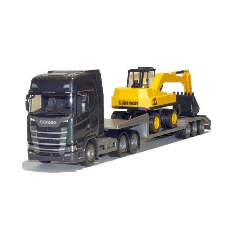 SCANIA S 6x4 black with 3-axle machine carrier and LANNEN excavator Die cast 