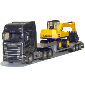 SCANIA S 6x4 black with 3-axle machine carrier and LANNEN excavator Die cast 