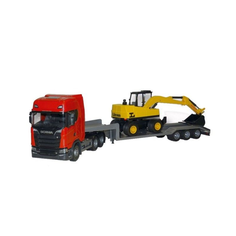 SCANIA S 6x4 red with 3-axle machine carrier and LANNEN excavator Die cast 