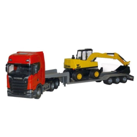 SCANIA S 6x4 red with 3-axle machine carrier and LANNEN excavator Die cast 
