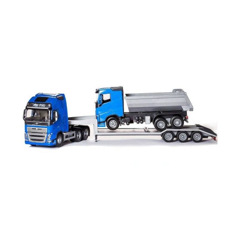 VOLVO FH16 6x4 blue with 3 axle transporter and 6x4 dump truck Die cast 