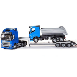 VOLVO FH16 6x4 blue with 3 axle transporter and 6x4 dump truck Die cast 