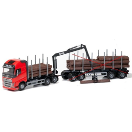 VOLVO FH16 6x4 red with dolly and 2 axle trailer for wood transport Die cast 