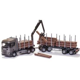 SCANIA R450 6x4 gray with dolly and 2-axle trailer for wood transport Die cast 