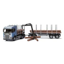 SCANIA R450 6x4 blue with dolly and 2 axle trailer for wood transport Die cast 