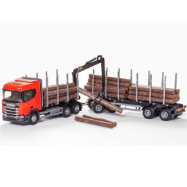 SCANIA R450 6x4 red with dolly and 2-axle wood transport trailer Die cast 