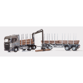 SCANIA R730 6x4 gray with dolly and 2-axle trailer for wood transport Die cast 