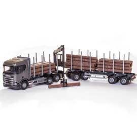 SCANIA R450 6x4 gray with loading crane and wood transport trailer Die cast 