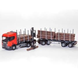 SCANIA R450 6x4 red with loading crane and wood transport trailer Die cast 