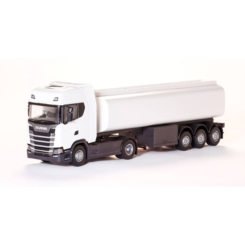 SCANIA S 410 4x2 white with 3 axle tank trailer Diecast truck model