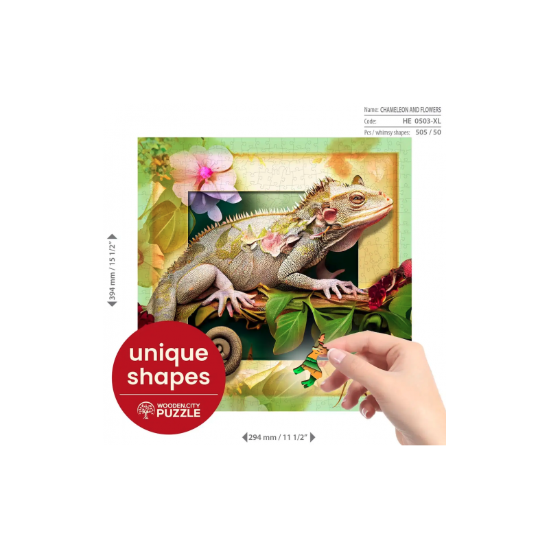 Wooden puzzle – Chameleon and Flowers – 550 pcs (50 unique pcs) Jigsaw puzzle