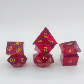 Glass Dice - Set of 7 dice with metal box - Red 