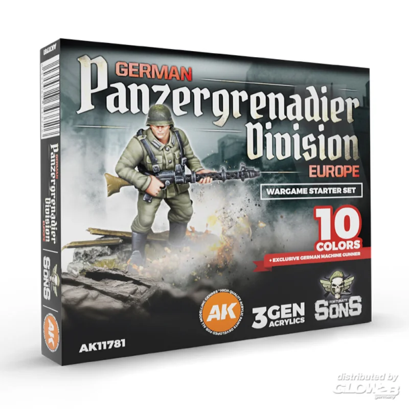 GERMAN PANZERGRENADIER DIVISION EUROPE - Wargame Starter Set (10 Colors + Exclusive Figure German Machine Gunner) Paint 