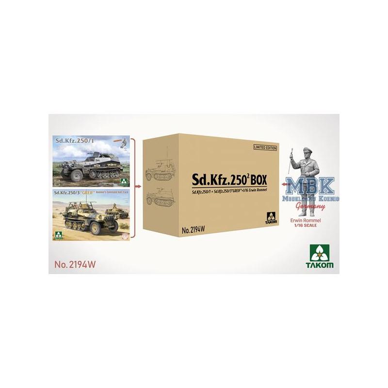 TAKOM MODEL: 1/35; Sd.Kfz.250² Box Sd.Kfz.250/1+Sd.Kfz.250/3"GREIF"+1/16 Erwin Rommel (Limited edition) Military model kit