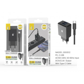 Power adapter with Type C cable, 2 USB, 2.4A - NA0351 - Black 