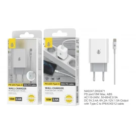 Type C Power Adapter with Type C to Lightning Cable - 3.4A - 18W - iPhone 8/X/XS/12 -1 USB - NA0247 - White 