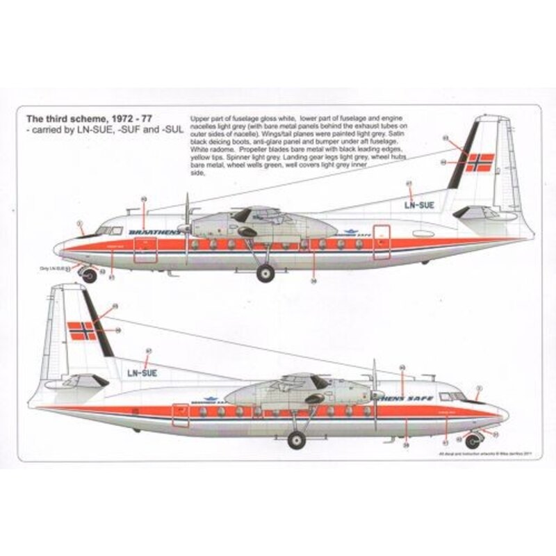 Fokker F-27′s operated by Braathens SAFE. Includes all 3 versions of the livery and 6 page instructions (designed to be assemble