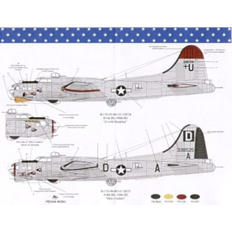 Boeing B-17G Flying Fortress (2) 43-338728 +U 851 BS/490 BG ′ 5 with Breakfast′; 43-338525 LD-A D in square ′Miss Conduct′. Both