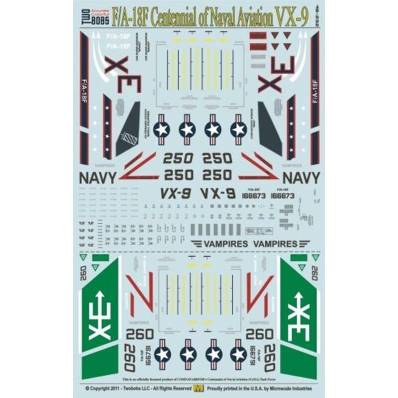 Decals Boeing F/A-18F Super Hornet VX-9 Vampires CoNA (2) 166673 XE/250; 166791 XE/260. Both NAS China Lake 2011. 3ins CoNA Pres