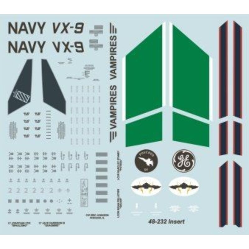 Decals Boeing F/A-18F Super Hornet VX-9 Vampires CoNA (2) 166673 XE/250; 166791 XE/260. Both NAS China Lake 2011. 3ins CoNA Pres