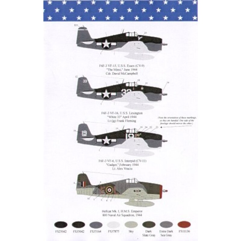 Grumman F6F-3 Hellcats (4) VF-15 `The Minsi′ Cdr David McCampbell USS Essex 1944; White 33 VF-16 Lt Frank Fleming USS Lexington 