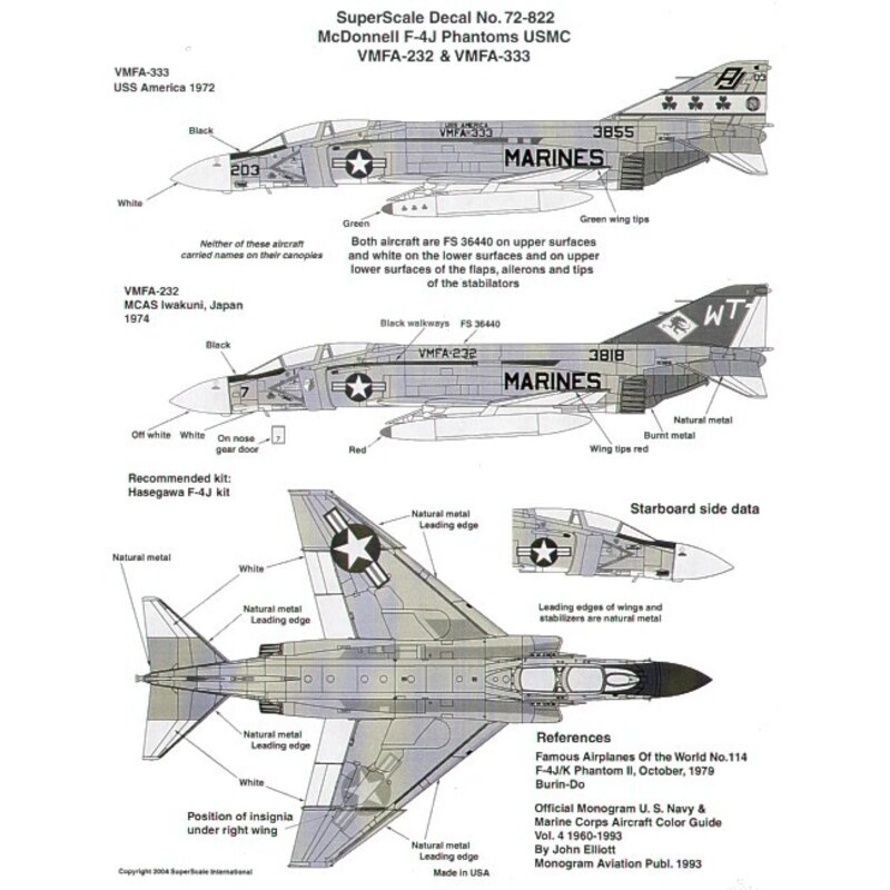 Decals McDonnell F-4J USMC (2) 153818 WT/7 VMFA-232 ; 153855 AJ/203 VMFA-333 