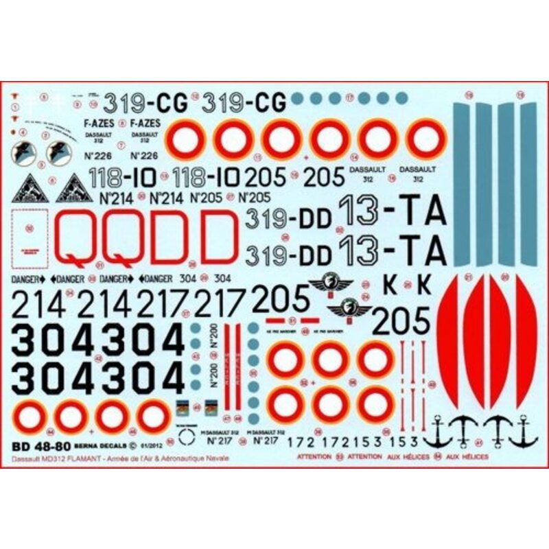 Decals Dassault MD 312 Flamant (8) Armee de l'Air No 214/Q, 205/D, 118-10, 13-TA, 319-DK, 319-CG, 319-DD Aeronautique Navale No 