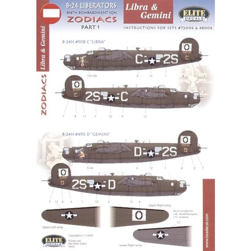 Decals Consolidated B-24H 834 BS `Zodiacs′ Part 1. (2) 42-52508 2S-C `Libra′ 41-29490 2S-D `Gemini′ Nose art specially printed. 