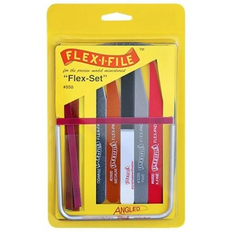 Flex Set includes 5 flex-pads (X-fine, fine, Medium and Coarse), 1 triple grit polisher, 1 anodized aluminum frame, and 8 assort