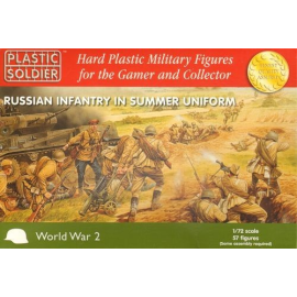 Russian (WWII) infantry in summer uniform. 57 hard plastic figures. Including 6 junior officers/NCOs, riflemen/SMGs and 6 light 