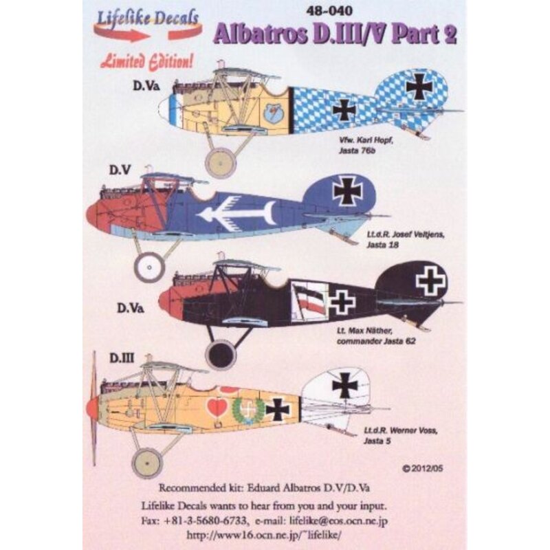 Albatross D.III/V Pt 2 (4) Jasta 76b Vfw Karl Hopf Yellow nose and blue/white check on rear fuselage and tail; Jasta 28 Red nose