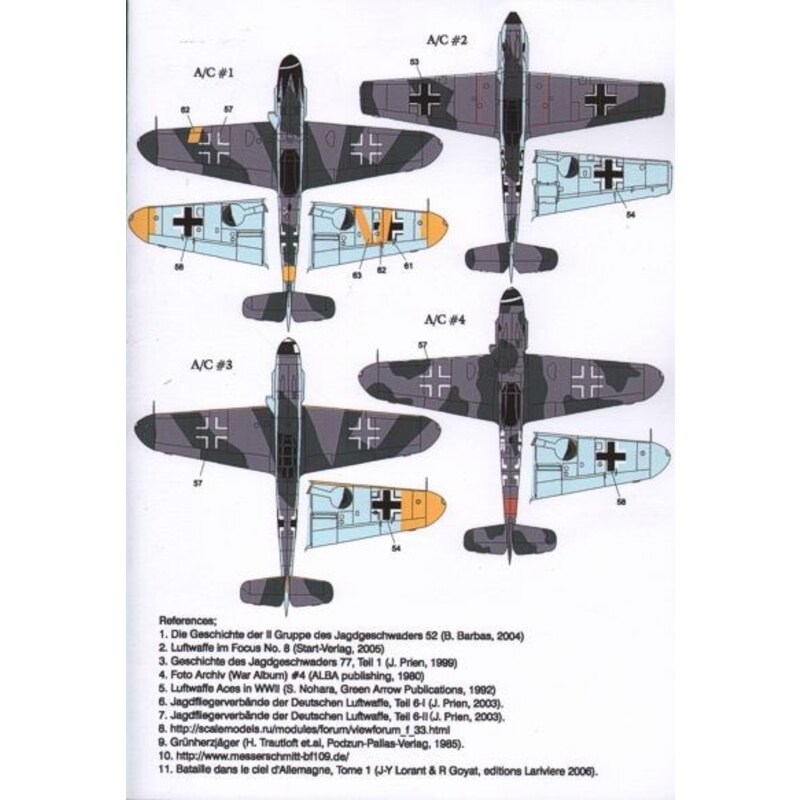 Messerschmitt Bf 109 Pt 3 (4) Bf-109E-1 Black 13 2/JG77 France 1940; Bf 109F-2 White 9 Oberleutnant Hans Phillipp; Bf 109G-6 Whi