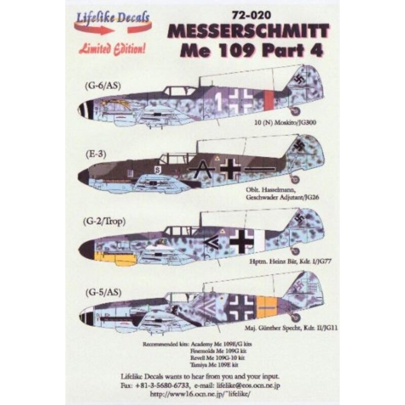 Messerschmitt BF 109 Py 4 (5) Bf 109E-3 Black A JG26 Oblt Hassemann; Bf 109G-2 Trop Black &lt;&lt; 1/JG77 Hptm Heinz Bar; Bf 109