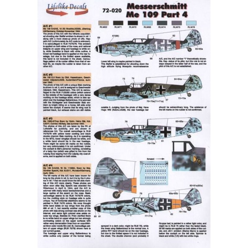 Messerschmitt BF 109 Py 4 (5) Bf 109E-3 Black A JG26 Oblt Hassemann; Bf 109G-2 Trop Black &lt;&lt; 1/JG77 Hptm Heinz Bar; Bf 109