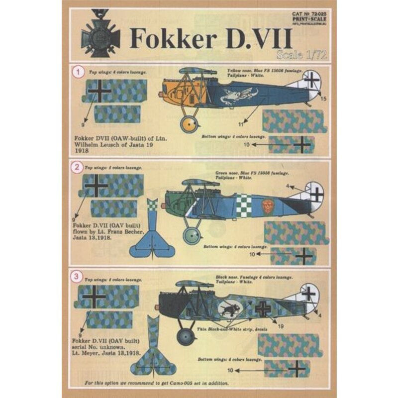 Fokker D.VII Pt 2 (6) Jasta 19 Yellow nose; Jasta 18 blue fuselage with blue/white check band; Jasta 13 Lozenge fuselage with bl