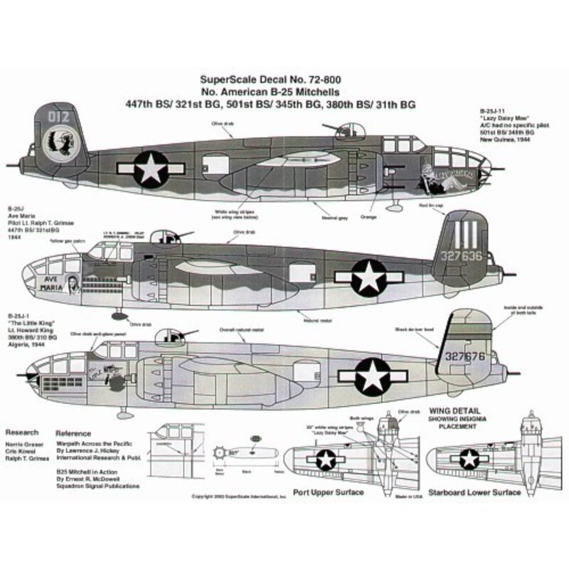 North-American B-25J Mitchells (3) No 012 501BS/345BG Lazy Daisy Mae; 327636 447BS/321BG Lt Ralph Grimse Ave Maria; 327676 3