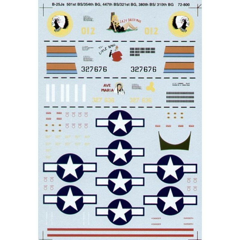 North-American B-25J Mitchells (3) No 012 501BS/345BG Lazy Daisy Mae; 327636 447BS/321BG Lt Ralph Grimse Ave Maria; 327676 3