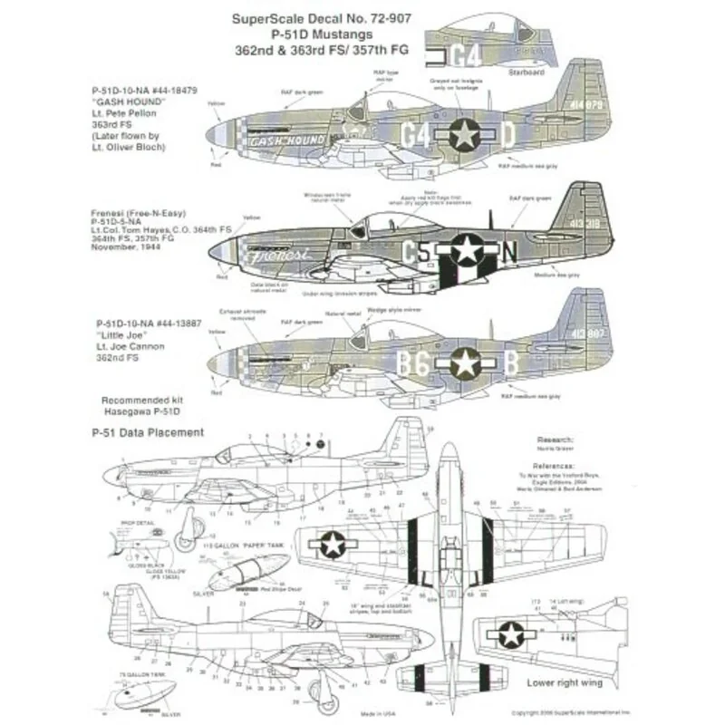 North-American P-51D Mustangs 357 FG (3) 414879 G4-D `Gash Hound Lt Pete Pellon 363 FS; 413318 C5-N `Frenesi Lt Col.Tom Hayes 