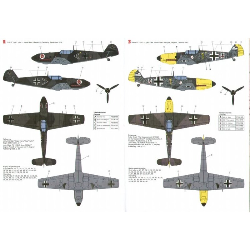 Decals Messerschmitt Bf 109E-3 (3) White 13 3/JG26 Lt Walter Blume 1940 RLM 02/72/65; &lt; 1/JG 3 Udet Lt Hans Hahn 1939 RLM 70/