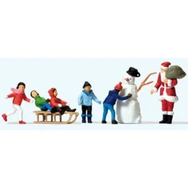 Santa Claus, snowman and children