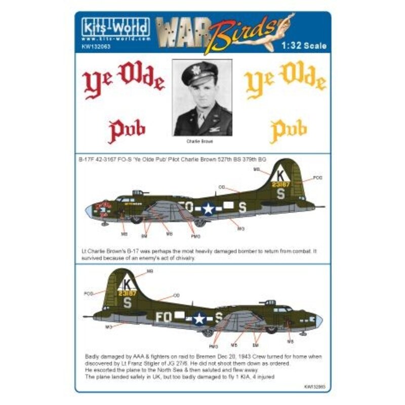 Boeing B-17F Flying Fortress 42-3167 FO-S K Ye Olde Pub 527th BG BS/379th Recommended HK Model KIT