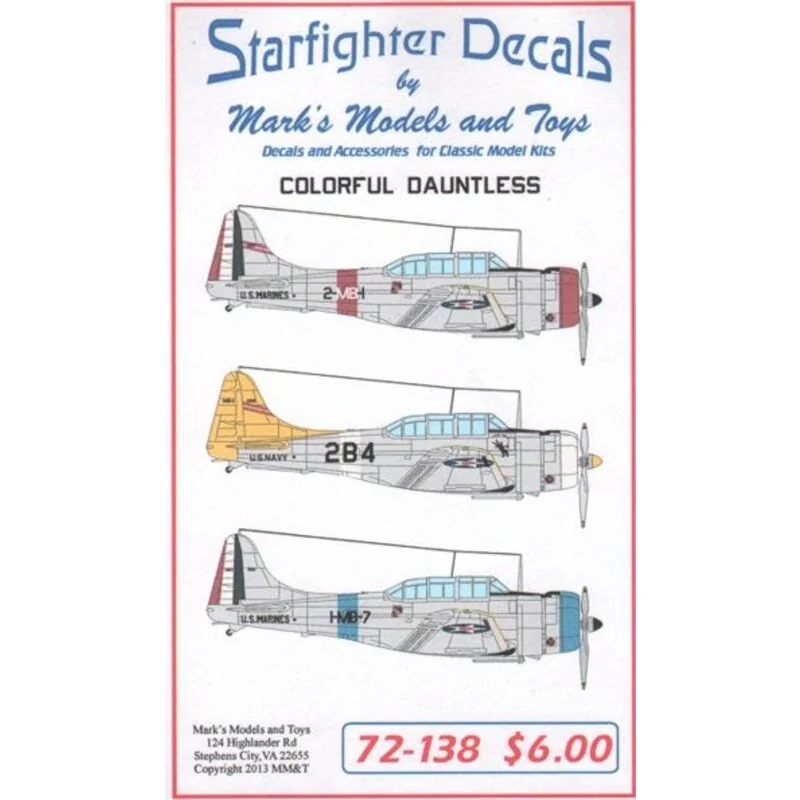 Colorful Dauntless. Decals for 3 different SBD-1 and SBD-2 aircraft. Markings are for, Yellow Wing, SBDs serving with the USN an