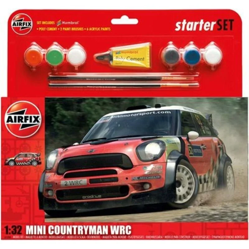 Mini Countryman WRC Starter Set includes Acrylic paints brushes and poly cement 1/32 - Airfix 55304