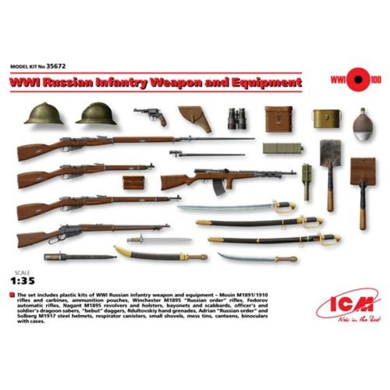 WWI Russian Infantry Weapon and Equipment . Completely new mold kit. The first model kit of Russian Infantry Weapon and equipmen